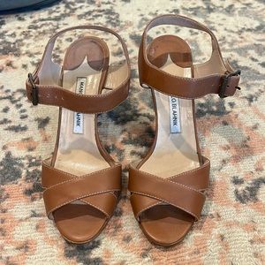 Manolo Blahnik Brown Leather Cross‑Strap Ankle Strap Heels